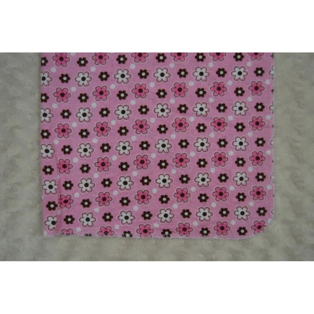 Kidgets Pink Flower Baby Blanket Flannel Receiving Floral White Brown Lovey